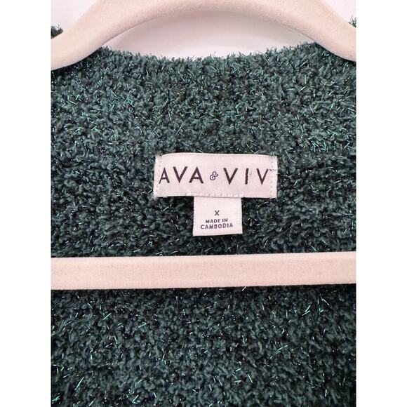 Ava Viv Womens Green Festive Holiday V Neck Long Sleeve metallic Pullover Sz X - Picture 2 of 5